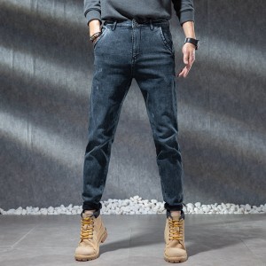 Vendita diretta in fabbrica, jeans strappati stampati per l'omi, patch di moda stretch, jeans di piedi chjuchi
