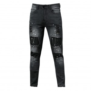 Factory direct sale men's ripped printed jeans fashion patch stretch small feet jeans