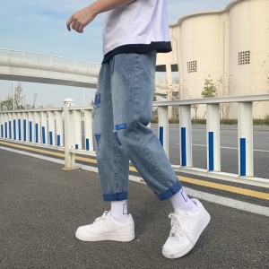 2021 Модни сини тенки машки фармерки со растегливи стапала Обични долги панталони
