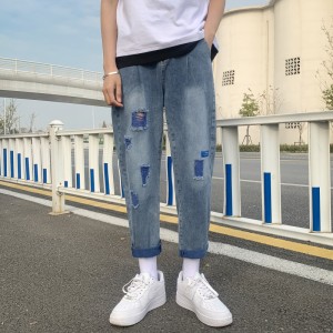 2021 m. madingi mėlyni ploni vyriški džinsai, ištempti pėdas, paprastos ilgos kelnės