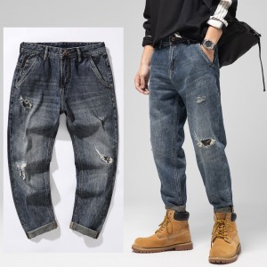 Mode Hommes Jeans Gris Foncé Blanc Rayé Mince Déchiré Denim Pantalon Haute Qualité Stretch Jeans pour Hommes