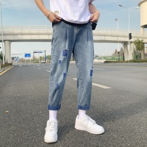 2021 Модни сини тенки машки фармерки со растегливи стапала Обични долги панталони