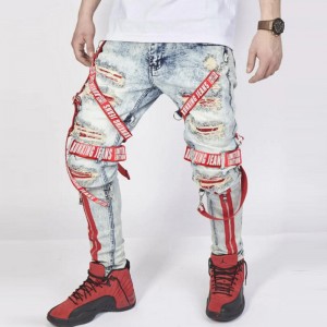 2021 nuwe hoë kwaliteit jeans mans mode pleister geskeurde jeans rits skraal klein leet jeans