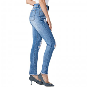 Stretch Cotton Button Fly Jeans με Hole Skinny Ripped γυναικείο τζιν