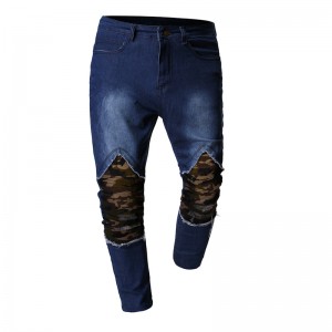 De-kalidad na panlalaking maong na ripped camouflage fold stitching slim-fit jeans fashion large size jeans para sa mga lalaki