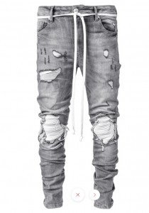 OEM jeansên mêran ên lingên denim ên qumaşê dirêj dikin, bi motorsîkleta reş jeansên mêran ên rijandin