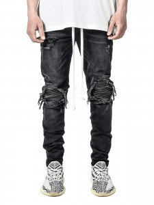 Машки фармерки се протегаат ткаенина тексас стапала панталони црни мотоцикл искинати фармерки мажи
