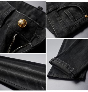 Мужчынскія чорныя джынсы восень-зіма тоўстыя шырокія прамыя эластычныя штаны, модныя паўсядзённыя штаны высокага класа
