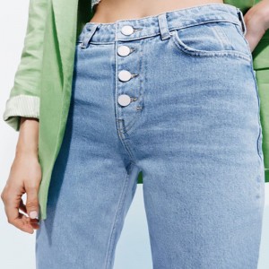 Kvinders mid-talje 4-knap Fly Slim Elastisk Stretch blå jeans