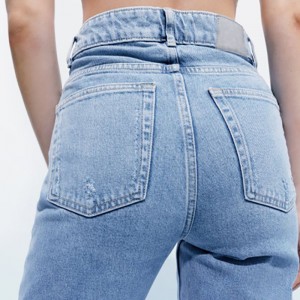Jeans azules elásticos ajustados con 4 botones y cintura media para mujer