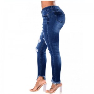 Jeans de mezclilla de mujer flacos rasgados de cintura alta personalizados