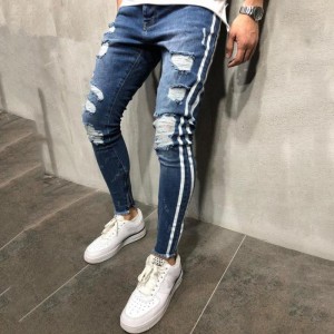 Fashion slim fit webbing Leg seleting ripped jeans lalaki