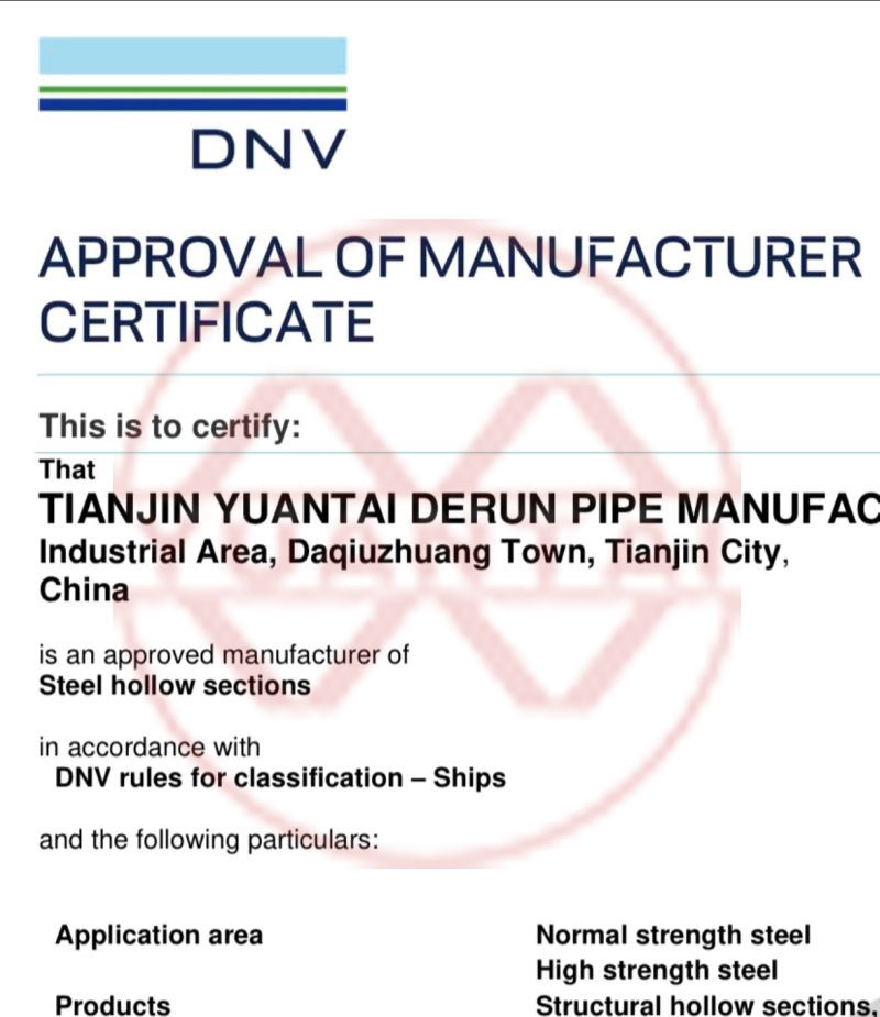 Baie geluk aan Tianjin Yuantai Derun Steel Pipe Manufacturing Group vir die verkryging van die DNV-sertifikaat