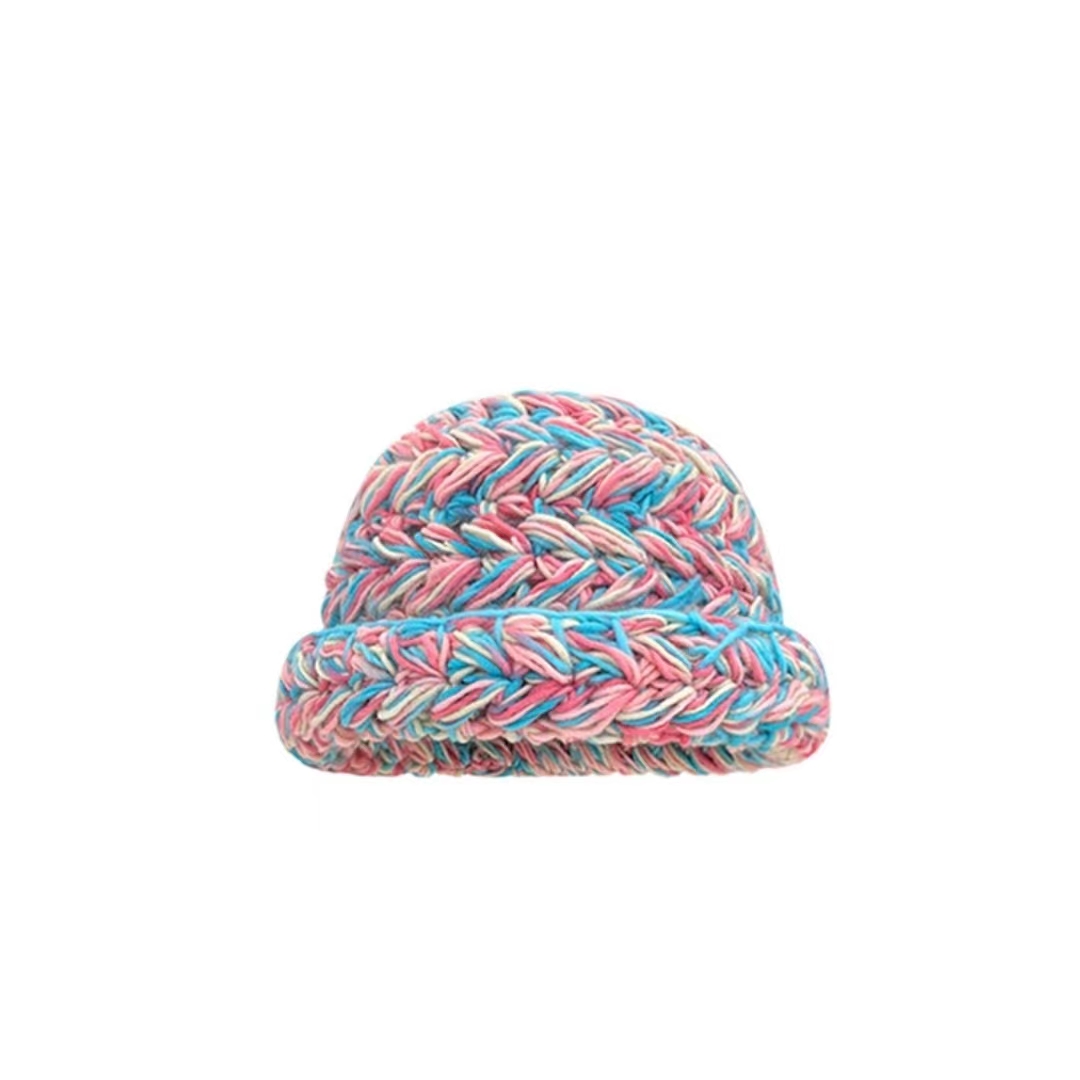 Hrubá pletená ručne robená čiapka z vlny zmiešanej farby, teplá rybárska čiapka