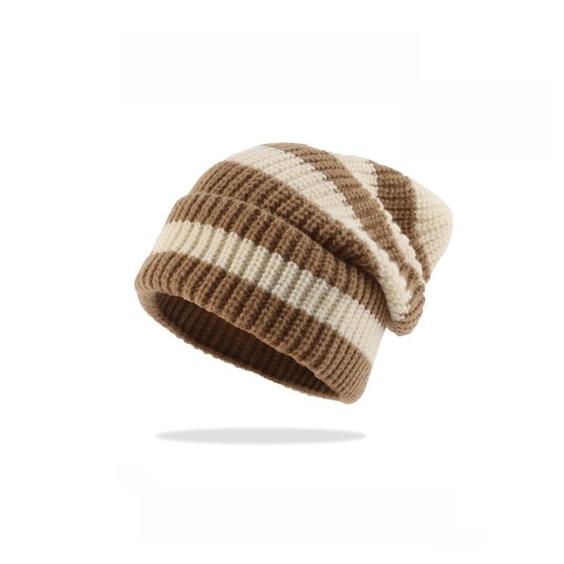 Knitted hat striped curled brimless cold hat