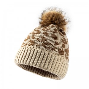 Leopard pattern curled edge wool ball knitted hat for women outdoor wool hat