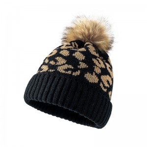 Kapelë e thurur me top leshi me buzë me kaçurrela me model leopardi për femra, kapelë leshi në natyrë