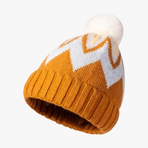 Women’s Thickened Rabbit Hair Ribbed Jacquard Knitted Hat with Hair Ball