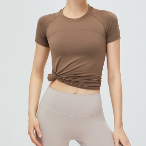 Pakaian yoga mulus T-shirt kebugaran telanjang wanita yang dapat bernapas