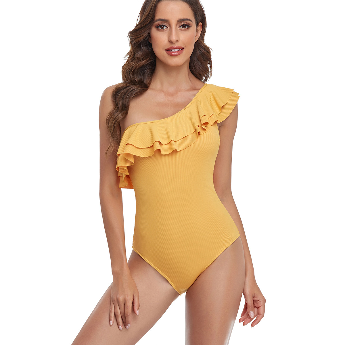 Swimsuits One Piece Jinan Swimwear One Shoulder Swimwear Bathing Suits Asymmetric Double Ruffle Trim monokini