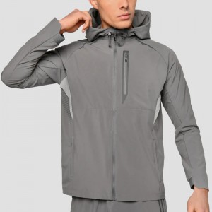 Light Grey Men Jacket Heat Zipper Elasticated Sleeve Cuffs Adjustable Hood Vented Back Panel Custom Wholesale Factory