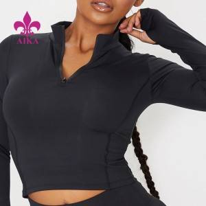 2021 High Quality Women Polyester Cropped Long Sleeve Gym Sports T Shirt Fitness Zipper Top