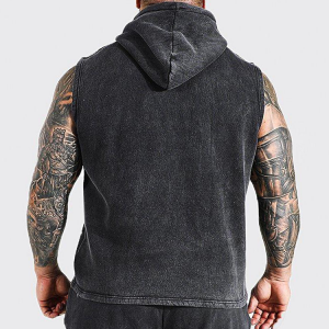Custom Logo Muscle Vintage Wash Sleeveless Hoodie For Men With Kangaroo Pocket