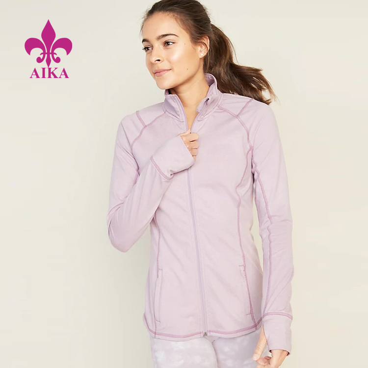 OEM China factory classic full zip front Thumb Hole lightweight casual fitness jackets for women