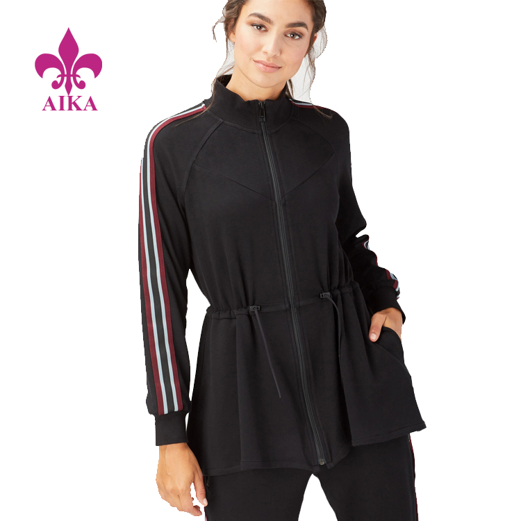Manufacturer of Leggings Manufacturer - Custom Active Wear Sporty Stripe Tape Adjustable Waist Cord Track Jacket for Women – AIKA