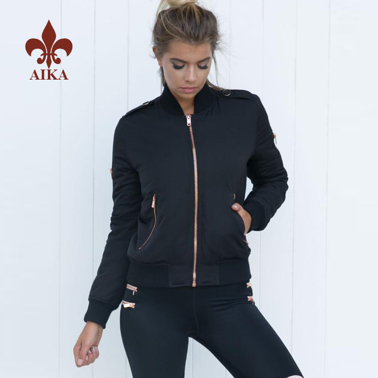Big discounting Sports Bra Sets - High quality Custom Ribbed collar black bodybuilding running varsity jackets for women – AIKA