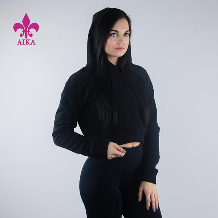 High quality Custom Cropped Loose Fit  Women  Sexy Black Gym Running Workout Hoodies