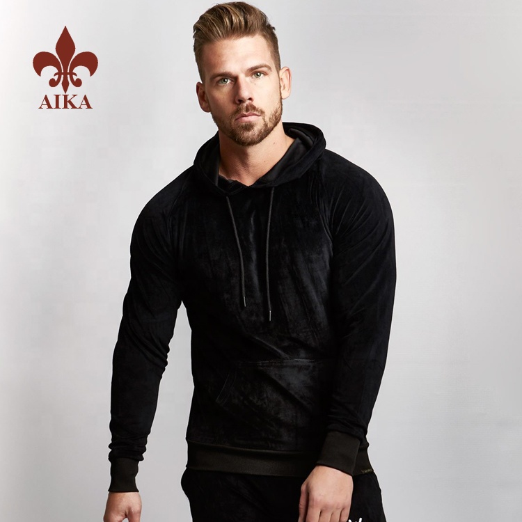 High quality cotton polyester mens wholesale plain velour black hoodies