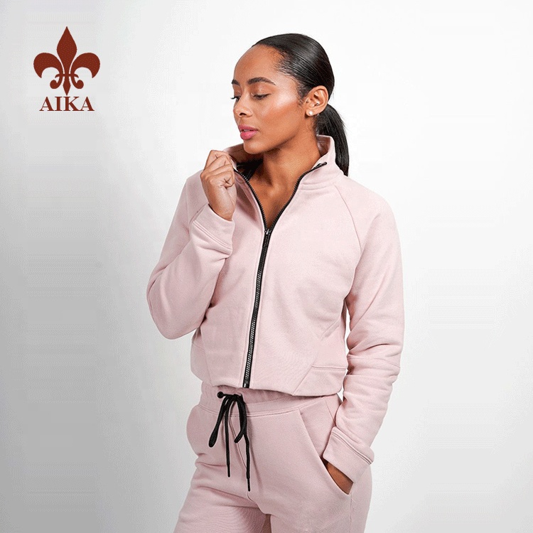 China New Product Custom Tracksuits - High quality 80% cotton 20% polyester velour fabric custom gym zippered crop hoodies women – AIKA