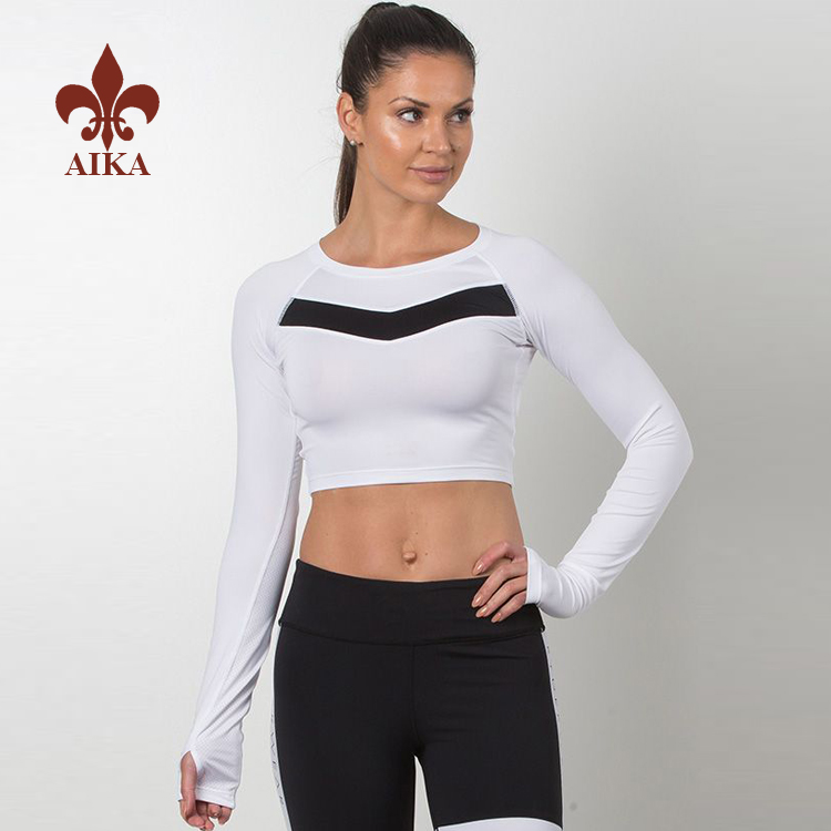 High quality wholesale long sleeve slim body fit women white yoga t-shirts with Thumb Hole