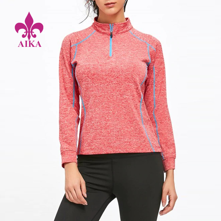 Wholesale good quality sports contrast high neck half zip women’s casual workout fitness long sleeve t-shirt