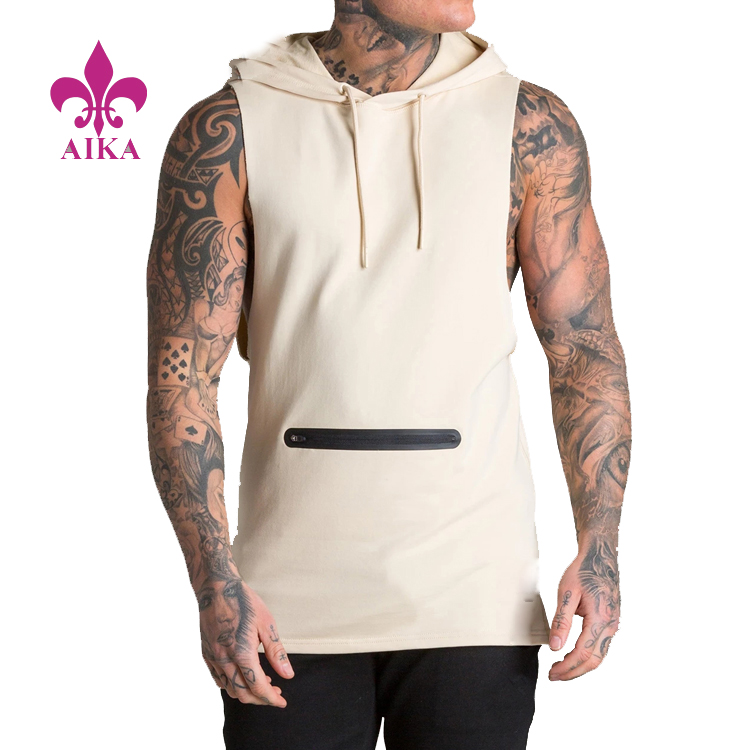 Heat Seal Zipper Decorate Pocket Design Sleeveless Hoodies Mens Gym Tank Top With Hood