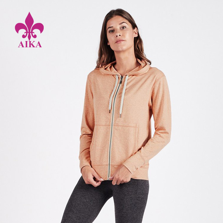 OEM wholesale classic drawstring hooded sweatshirt casual fit full zip fitness hoodies for women