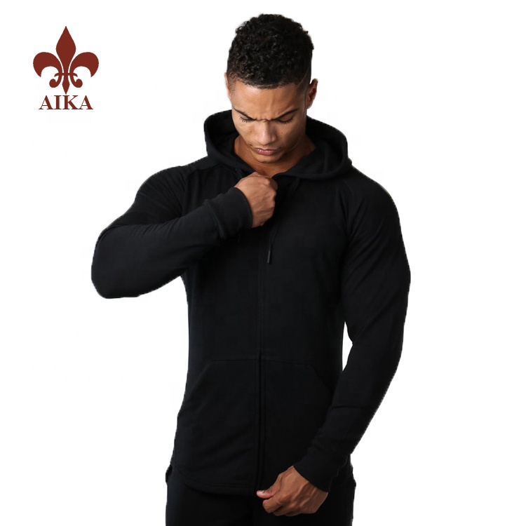 Wholesale Custom 95% cotton 5% spandex stronger mens slim fit thick black gym hoodies