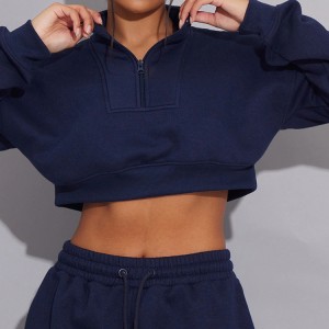 75%Cotton 25%Polyester Custom Half Zip Workout Fitness Cropped Sweatshirts For Women