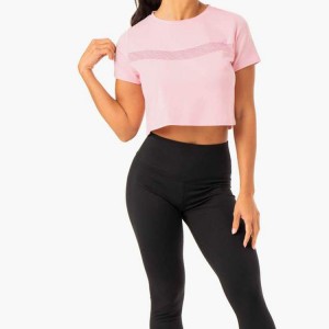 High Quality OEM Mesh Panel Yoga Gym Clothes Short Sleeve Crop Top Plain Pink T Shirts For Women