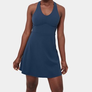 Fashion Design Gym Tennis Skirts U-Neck Cross Key Hole Back Women Activity Tennis Dress