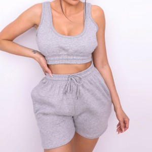 High Quality Soft Cotton Scoop Neck Sleeveless Crop Top Shirred Jogger Shorts Tracksuit Set