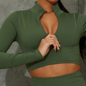 High Quality Front Half Zipper Crop Gym Long Sleeve T Shirts Custom Printing For Women