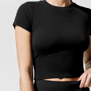 High Quality Ribbed Fabric Four Way Stretch Short Sleeve Women Slim Fit Crop Gym T Shirt
