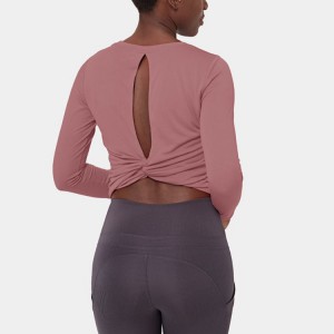 Wholesale OEM Custom Sweat – Wicking Four Way Stretch Plain Hollow Out Long Sleeve Crop T Shirt Gym Clothes For Women