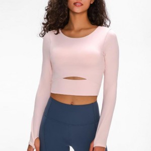 Wholesale Fashion Gym Basic Design Women Sexy Front Cut Out Crop Tops Long Sleeve Yoga T Shirts