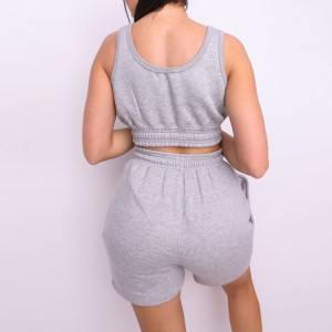 High Quality Soft Cotton Scoop Neck Sleeveless Crop Top Shirred Jogger Shorts Tracksuit Set