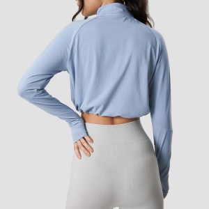 Custom Quarter Zipper Thumb Hole Long Sleeve Gym Crop Top Fitness T Shirt For Women