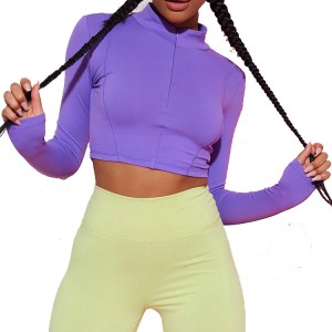 Custom Half Zipper Slim Fit Long Sleeve Gym Crop Top Fitness T Shirt For Women