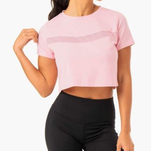 High Quality OEM Mesh Panel Yoga Gym Clothes Short Sleeve Crop Top Plain Pink T Shirts For Women